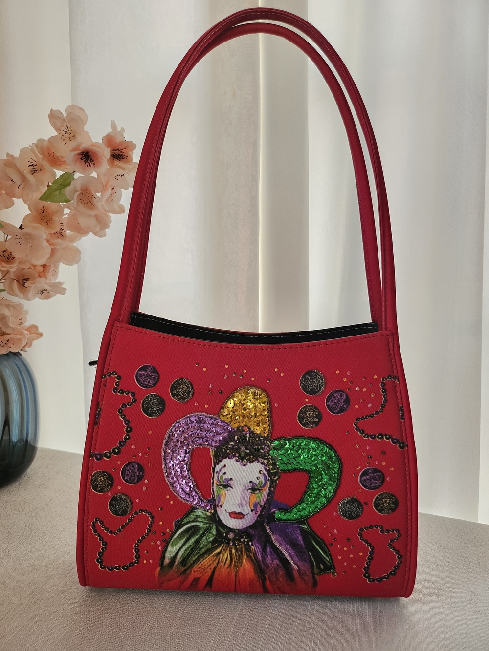 Red Sequin Jester Appliqué Shoulder Bag Vintage Mardi Gras Purse Bold Bright